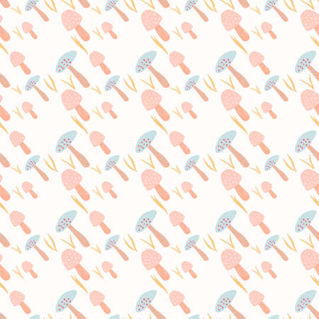 Pastel light mushroom seamless pattern. Isolated wild nature fungus print in pink and blue soft tones on white background. For wallpaper, textile, wrapping paper, fabric print. Vector illustration.のイラスト素材