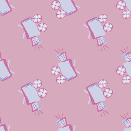 Blue contoured camera shapes seamless pattern. Cinema simple figures on soft pink background. Stylized backdrop. Decorative print for wallpaper, textile, wrapping, fabric print.  illustrationのイラスト素材