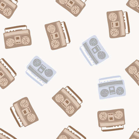 Random isolated pattern with doodle tape recorder elements. Light brown ornament on white background. Great for wallpaper, textile, wrapping paper, fabric print. illustration.のイラスト素材