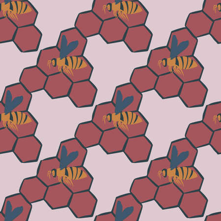 Pale insect seamless pattern with bees and honeycombs. Red ornament on light background. Perfect for...