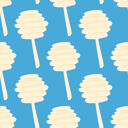 Contrast seamless pattern with doodle honey spoons. Simple white silhouettes on bright blue background. Designed for wallpaper, textile, wrapping paper, fabric print. illustration.のイラスト素材