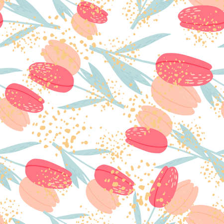 Random seamless isolated pattern with pink tulips. Flower hand drawn ornament on white background with splashes. Perfect for wallpaper, textile, wrapping paper, fabric print. Vector illustration.のイラスト素材