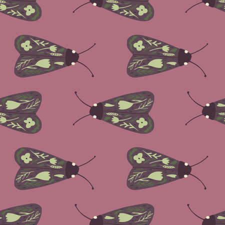 Seamless pattern with moth simple ornament. Butterfly shapes with folk details on dark pink background. Designed for wallpaper, textile, wrapping paper, fabric print. Vector illustration.のイラスト素材