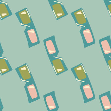 Green and pink colored 3D glasses seamless doodle pattern. Light blue background. Cinema style backdrop. Great for wallpaper, textile, wrapping paper, fabric print. Vector illustration.のイラスト素材
