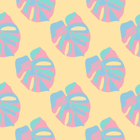 Bright monstera leaves seamless pattern. Pink and blue colored tropic silhouettes on light orange background. Perfect for wallpaper, textile, wrapping paper, fabric print. Vector illustration.のイラスト素材