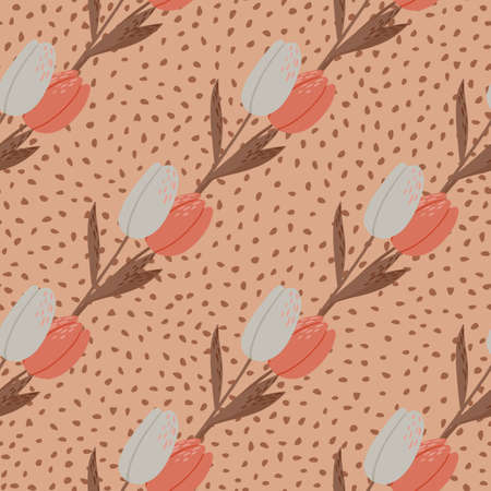 Tulip flower ornament seamless pattern. Doodle floral elements with gray and red buds on pale pink dotted background. Perfect for wallpaper, textile, wrapping paper, fabric print. Vector illustration.のイラスト素材