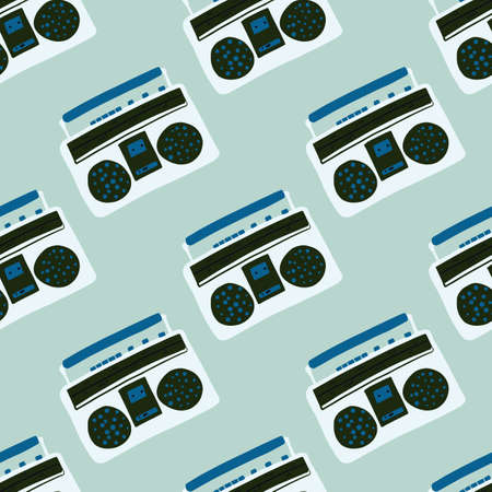 Seamless pattern with disco cassette player ornament. White and black tape recorder shapes on light blue background. Perfect for wallpaper, textile, wrapping paper, fabric print. Vector illustration.のイラスト素材