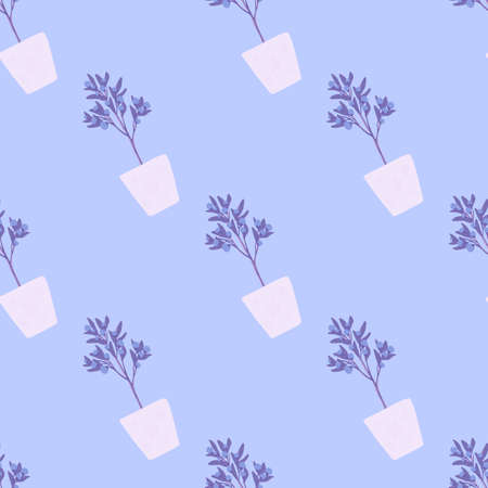 Houseplant silhouettes doodle seamless pattern. White pots with botanic plants on blue background. Designed for wallpaper, textile, wrapping paper, fabric print. Vector illustration.のイラスト素材