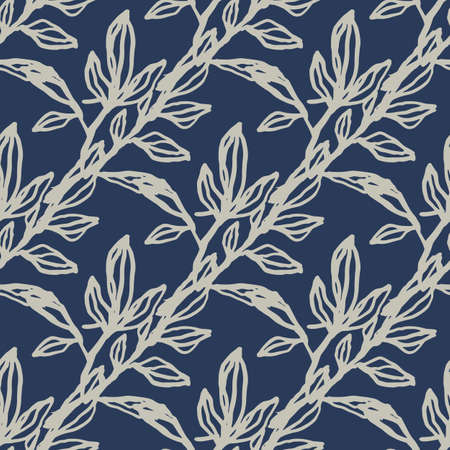 Light contoured branches seamless doodle pattern. Navy blue background. Outline botanic print. Creative print for wallpaper, textile, wrapping paper, fabric print. Vector illustration.のイラスト素材