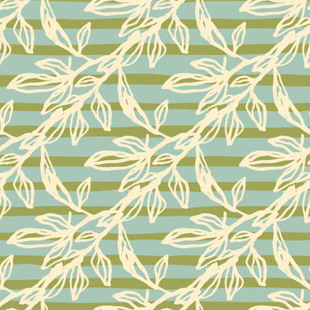 Yellow outline branches seamless floral pattern. Green and blue stripped background. Floral backdrop. Creative print for wallpaper, textile, wrapping paper, fabric print. Vector illustration.のイラスト素材