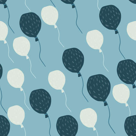 Random seamless doodle pattern wih white and navy colored balloons elements. Doodle simple shapes on blue background. Designed for wallpaper, textile, wrapping paper, fabric print. Vector illustrationのイラスト素材