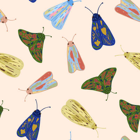 Random colorful mole silhouettes seamless pattern. Multicolored insect print on light pink background. Great for wallpaper, textile, wrapping paper, fabric print. Vector illustration.のイラスト素材