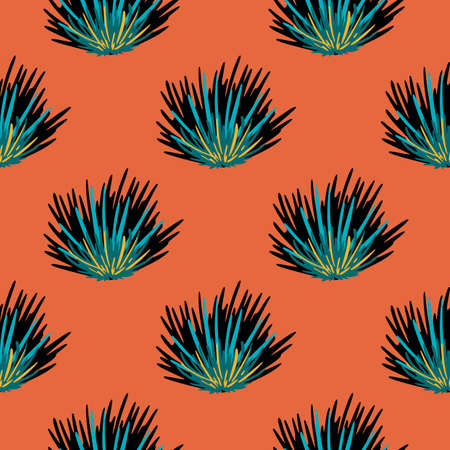 Seamless doodle bright pattern with bush silhouettes. Green foliage hand drawn ornament on orange background. Great for wallpaper, textile, wrapping paper, fabric print. Vector illustration.のイラスト素材