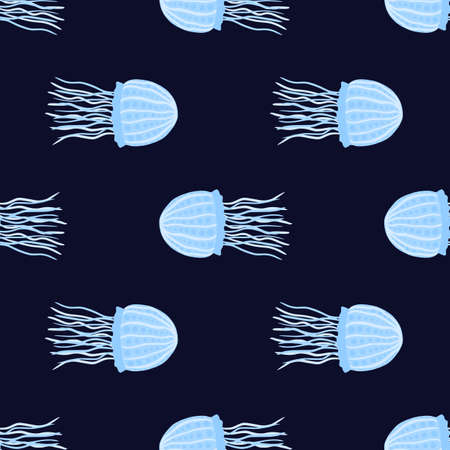 Marine seamless doodle pattern with jellyfish elements. Aqua print in blue tones on dark navy...