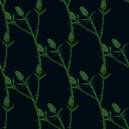 Minimalistic dark seamless pattern with green thorn twigs. Black background. Botanic stylized artwork. Designed for wallpaper, textile, wrapping paper, fabric print. Vector illustration.のイラスト素材