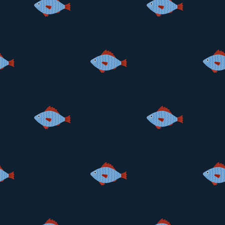 Hand drawn fish silhouettes seamless pattern. Stylized marine print with blue animal ornament and dark background. Designed for wallpaper, textile, wrapping paper, fabric print. Vector illustration.のイラスト素材