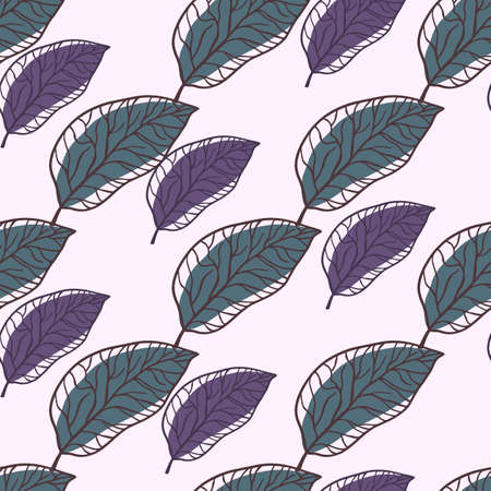 Simple isolated leaves silhouette print seamless pattern. Abstract purple and turquoise elements on white background. Decorative backdrop for wallpaper, textile, wrapping, fabric. Vector illustrationのイラスト素材