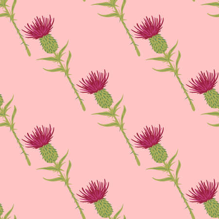Bright summer botanic seamless pattern with burdock flowers. Pink and green colored stylized ornament on light pink background. For wallpaper, textile, wrapping paper, fabric. Vector illustration.のイラスト素材