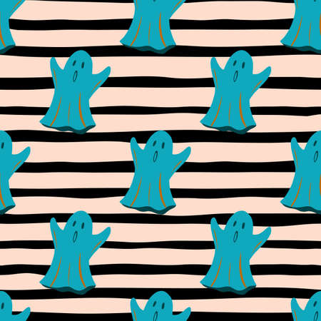 Bright autumn halloween print with ghosts seamless pattern. Spooky ornament in blue tones on stripped background. Designed for wallpaper, textile, wrapping paper, fabric print. Vector illustration.のイラスト素材