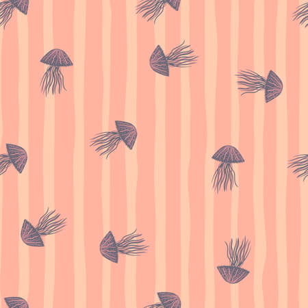 Seamless random pattern with light purple jellyfishes. Pink stripped background. Ocean design print....