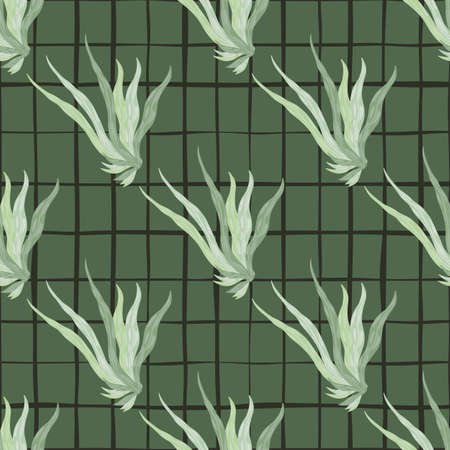 Seamless pattern in green palette with seaweed silhouettes. Checkered background. Ocean foliage ornament. Great for wallpaper, textile, wrapping paper, fabric print. Vector illustration.のイラスト素材