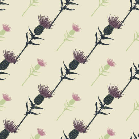 Doodle seamless pattern with burdock silhouettes in pale tones. Light pastel pink background. Floral backdrop. Designed for wallpaper, textile, wrapping paper, fabric print. Vector illustration.のイラスト素材