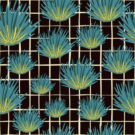 Green and blue colored bush random seamless pattern. Doodle foliage ornament on brown checkered background. Great for wallpaper, textile, wrapping paper, fabric print. Vector illustration.のイラスト素材