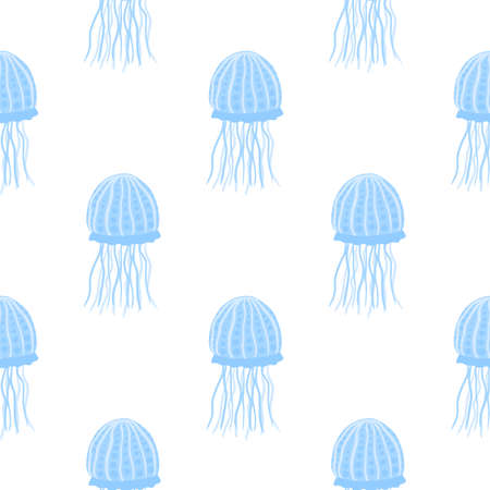 Isolated seamless minimalistic pattern with jellyfish simple silhouettes. Blue colored underwater...