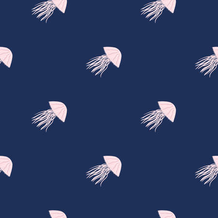 Light pink jellyfish silhouettes seamless simple pattern. Aqua artwork with exotic marine print. Navy blue background. Designed for wallpaper, textile, wrapping, fabric print. Vector illustrationのイラスト素材
