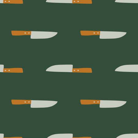 Seamless pattern with doodle knife ornament. Cooking equipment in minimalistic style on green...
