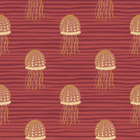 Orange jellyfish silhouettes seamless pattern. Stripped background. Hand drawn planktone abstract artwork. Perfect for wallpaper, textile, wrapping paper, fabric print. Vector illustration.のイラスト素材