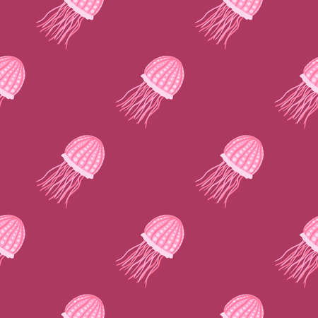 Pink and white colored sea jellyfishes seamless pattern. Dark pink background. Marine simple...