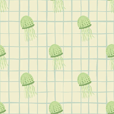 Simple green jellyfish silhouettes seamless sea pattern. Light background with check. Marine artwork. Perfect for wallpaper, textile, wrapping paper, fabric print. Vector illustration.のイラスト素材
