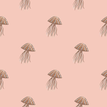 Pastel seamless doodle pattern with jellyfish silhouettes. Beige wild exotic ornament on soft pink background. Aqua print. Designed for wallpaper, textile, wrapping, fabric print. Vector illustrationのイラスト素材