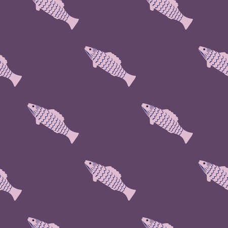 Minimalistic seamless ocean pattern with fishes. Doodle simple silhouettes on purple background....