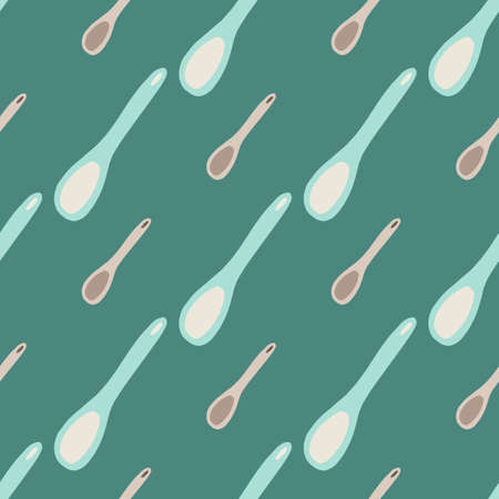 Seamless pattern with cooking spoon ornament. Stylized kitchen tools in blue and beige colors on dark turquoise background. For wallpaper, textile, wrapping paper, fabric print. Vector illustration.のイラスト素材