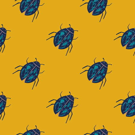 Seamless contrast pattern with navy blue bugs elements. Yellow background. Exotic insects ornament. Perfect for wallpaper, textile, wrapping paper, fabric print. Vector illustration.のイラスト素材