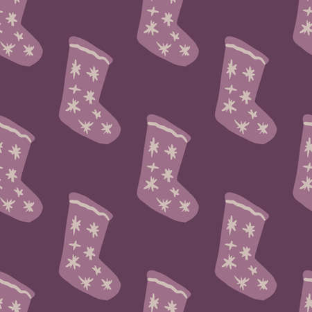 Christmas socks with star ornament stylized seamless winter pattern. Purple palette new year artwork. Cozy backdrop. Great for wallpaper, textile, wrapping paper, fabric print. Vector illustration.のイラスト素材