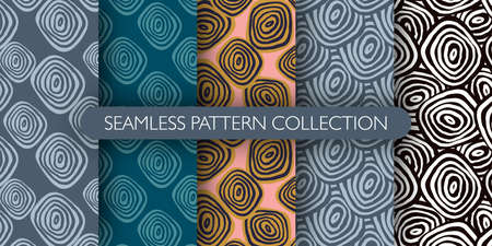 Set of hand drawn abstract geometric circles seamless pattern. Crossed arc wallpaper collection. Simple background for book covers, design, graphic art, wrapping paper. Vector illustrationのイラスト素材