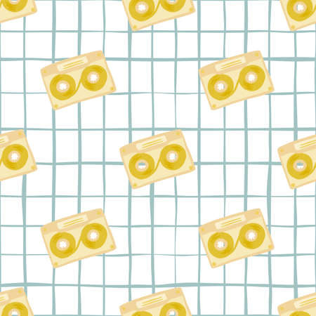Stylized cassette print seamless pattern. Hand drawn 80s yellow ornament on white background with check. Decorative backdrop for wallpaper, textile, wrapping paper, fabric print. Vector illustration.のイラスト素材