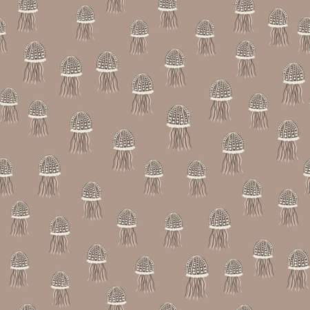 Random little jellyfish ornament seamless pattern. Marine underwater print in beige palette. Simple...