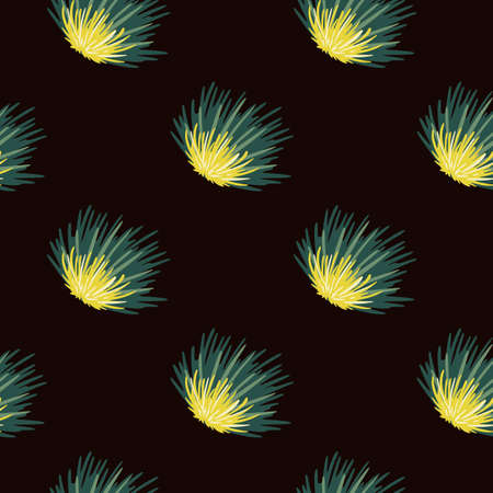 Yellow and green colored bush silhouettes seamless pattern. Stylized foliage shrubs on black...