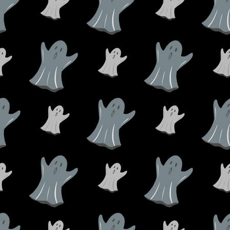 Seamless doodle pattern with ghosts ornament. Gray scary elements on black background. Dark artwork. Designed for wallpaper, textile, wrapping paper, fabric print. Vector illustration.のイラスト素材