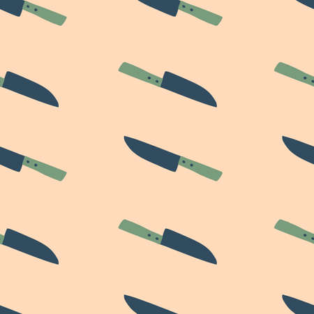 Simple knife doodle silhouettes seamless pattern. Green and navy blue colored print on light pink backdrop. Great for wallpaper, textile, wrapping paper, fabric print. Vector illustration.のイラスト素材