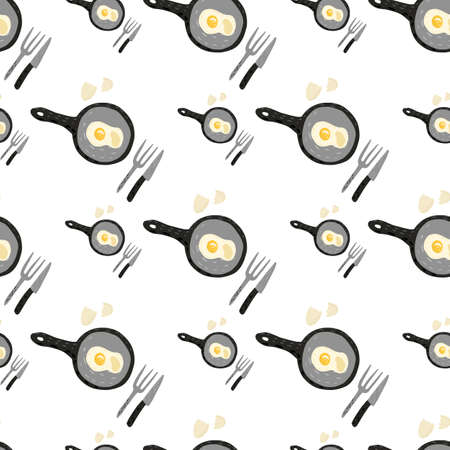 Isolated seamless breakfast pattern with eggs meal. Omelette on pan, knifes and folks on white background. Perfect for wallpaper, textile, wrapping paper, fabric print. Vector illustration.のイラスト素材