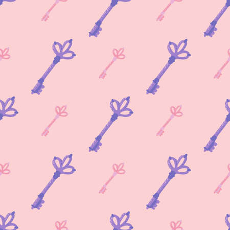 Pastel palette seamless doodle key print. Blue and pink colored vintage artwork with secret cartoon symbol. Perfect for wallpaper, textile, wrapping paper, fabric print. Vector illustration.のイラスト素材