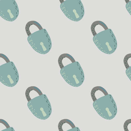 Minimalistic seamless pattern with doodle vintage lock print. Stylized old artwork with blue pale door elements and gray background. For wallpaper, textile, wrapping, fabric print. Vector illustrationのイラスト素材