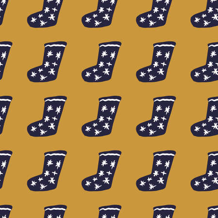Navy blue colored xmsx socks seamless doodle pattern. Ocher background. Winter cozy clothes with stars ornament. Great for wallpaper, textile, wrapping paper, fabric print. Vector illustration.のイラスト素材