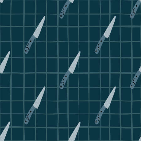 Diagonal knife ornament seamless doodle pattern. Acute cooking tools print on checkered background....