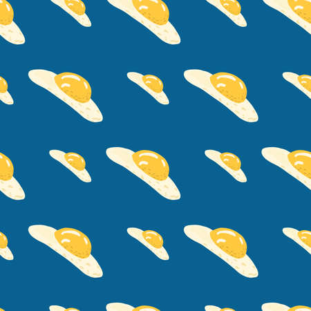 Seamless contrast pattern with omelette doodle silhouettes, Eggs elements on navy blue background....